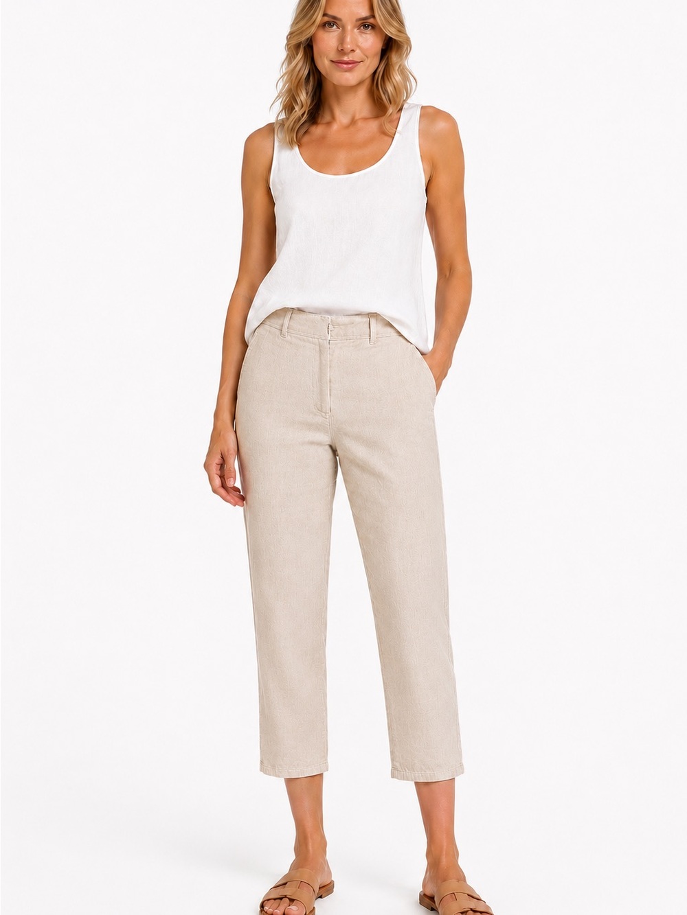 Eileen Fisher Organic Linen Ankle Crop Pants Natural Oatmeal Beige Size 10